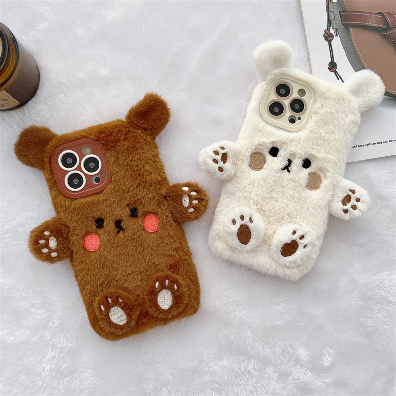 Phone Cases For Iphone 15 - Korean 3D Cartoon Bear Fluffy Plush